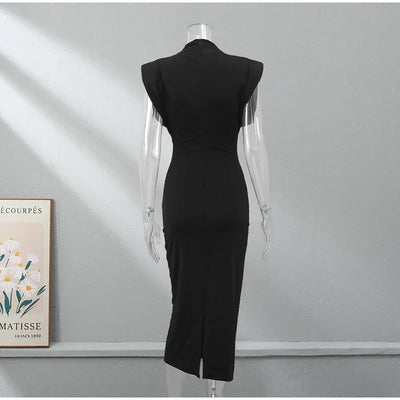 ZBZA Women's Slim Party Dresses Round Neck Sleeveless Shoulder-padded Bodycon High Waist Midi Dress Spring New Female Chic Dress