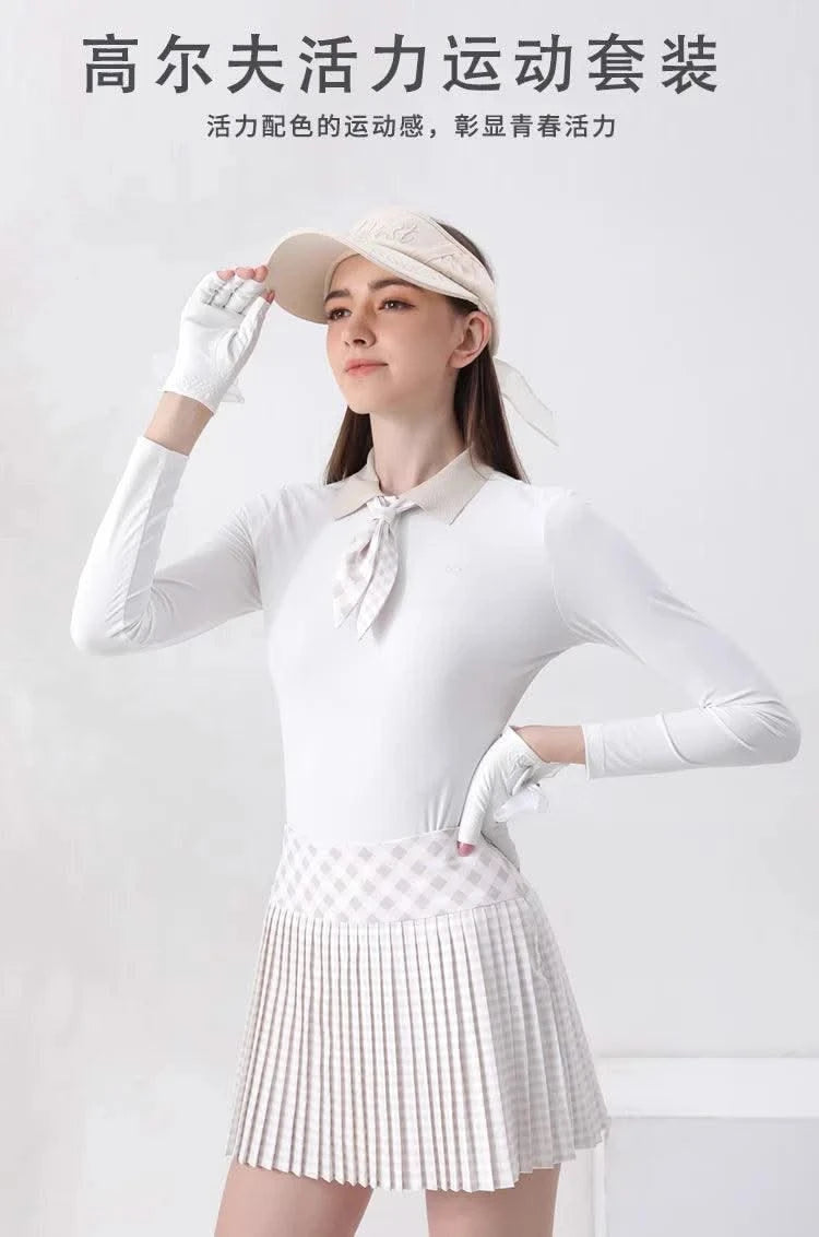 Women's Golfwear for Spring/Autumn Slim-Fit Long-Sleeve Top with Polo Collar and Bow Tie, High-End Golf Hundred-Pleat Skirt Suit