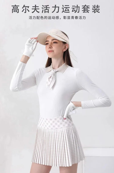 Women's Golfwear for Spring/Autumn Slim-Fit Long-Sleeve Top with Polo Collar and Bow Tie, High-End Golf Hundred-Pleat Skirt Suit