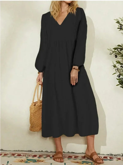Women's fashion European and American dress Women's clothing Cotton linen loose lantern sleeves