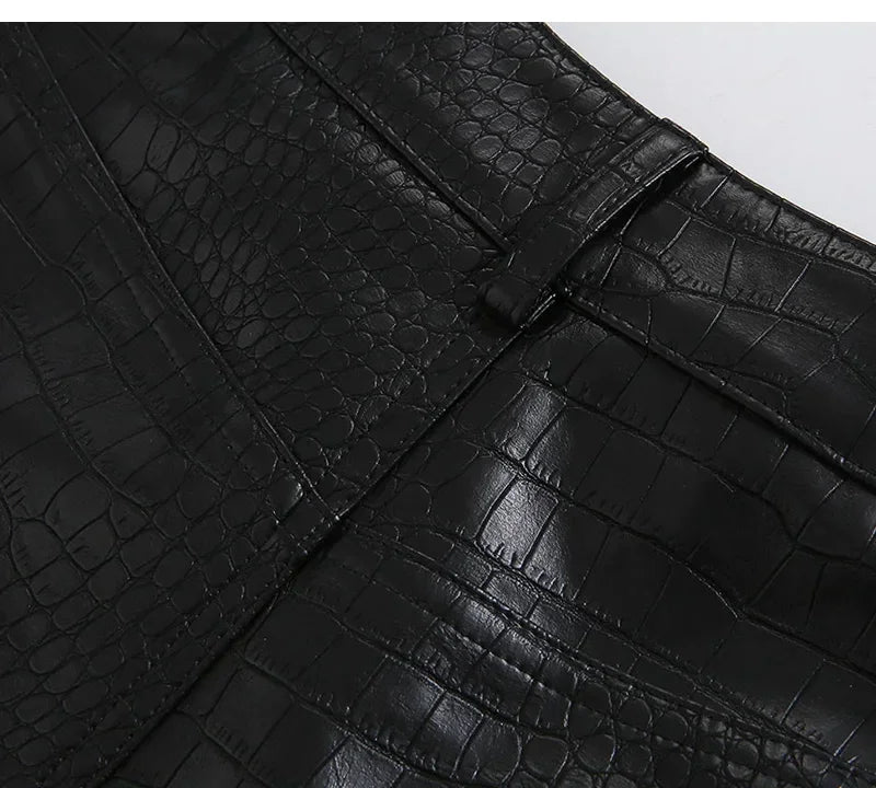 Lautaro Autumn Long Black Crocodile Texture Leather Pants Women Zipper High Waist Y2k Clothes Streetwear Women Trousers 2022