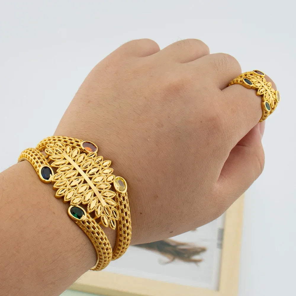 Luxury Bracelet Rings Dubai France Female 18k Gold Color Bangles For Women Bride Bangles Wedding Bracelet with Rings