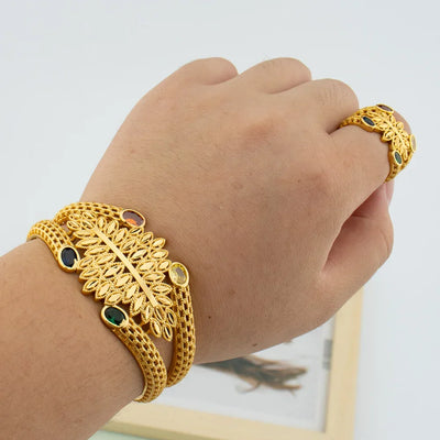 Luxury Bracelet Rings Dubai France Female 18k Gold Color Bangles For Women Bride Bangles Wedding Bracelet with Rings