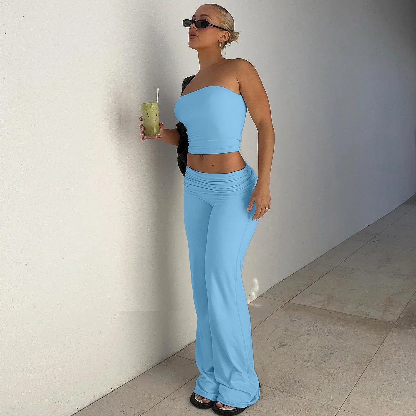 Women's Clothing 2025 Spring Fashion New Item Solid Color Strapless Top Flared Pants Fashionable Slim Fit Sports Suit for Women