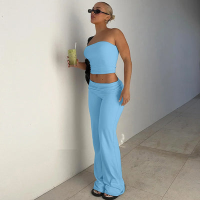 Women's Clothing 2025 Spring Fashion New Item Solid Color Strapless Top Flared Pants Fashionable Slim Fit Sports Suit for Women