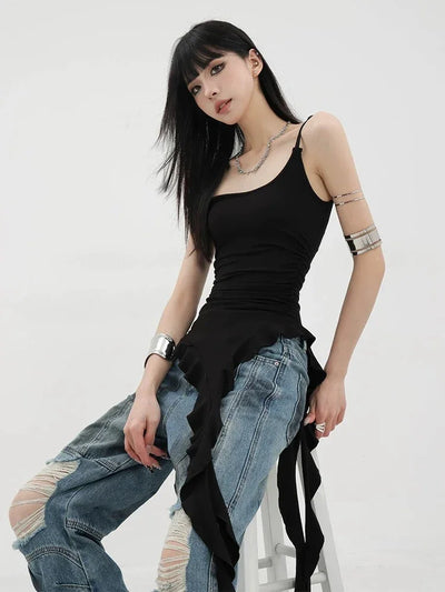 Deeptown Sexy Tank Top Asymmetrical Black Y2k Women Ruffle Grunge Backless Coquette Fashion Streetwear Tops Solid Aesthetics