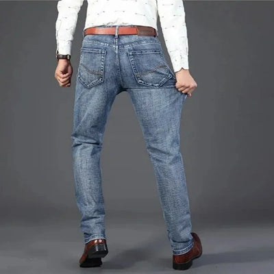 Mens Denim Pants Spring Casual Business Straight Fit Loose Elasticated Jeans Stylish Comfortable Pants for Work and Daily Wear