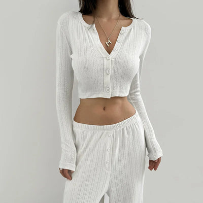 Women Homewear Two Piece Pajamas Set Elegant Long Sleeve Crop Top Wide Leg Pants Suit Outfits Loungewear Sleepwear Pyjamas