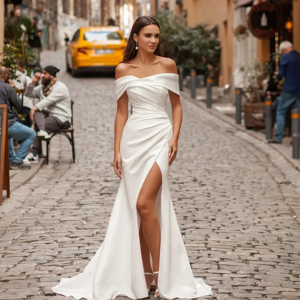 Elegant Off The Shoulder Soft Satin Sheath/Mermaid Plus Size Wedding Dresses Side Slit Detachable Train Formal Bridal Grown 2025