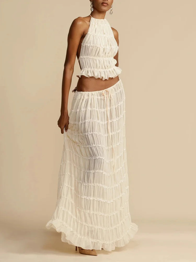2025 Women Summer Loungewear Suits, Halter Short Top Maxi Skirts 2PCS Matching Sets, White Color Fashion Backless Ladies Outfit