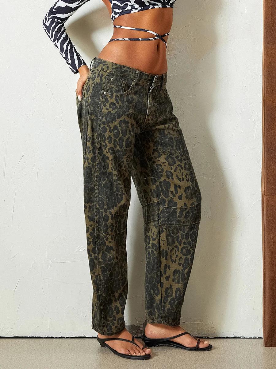 Leopard Barrel Jeans Women Cheetah Print Baggy Boyfriend Jeans Pants Vintage Mid Rise Wide Leg Denim Tapered Jeans