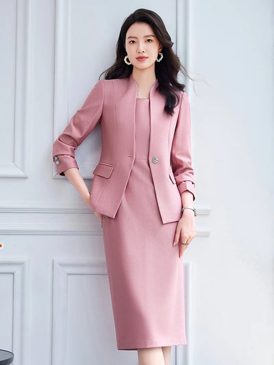 NAVIU 2025 Women Office Dress Set Monochromatic Slim Fit Suit Stand Collar Single Button Fashion New 2 Pcs Brazer and Dresses