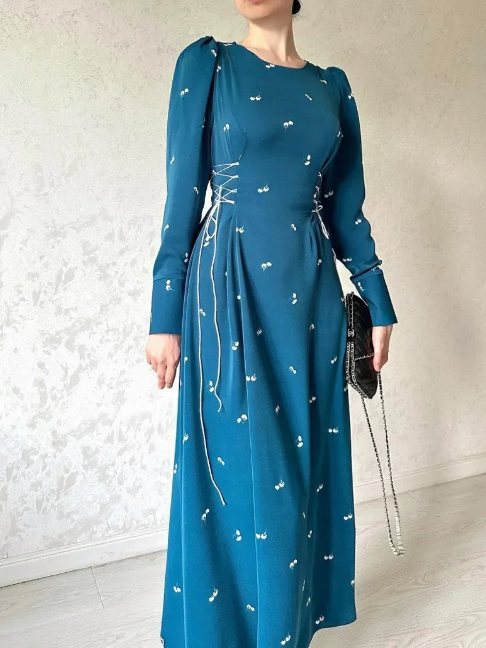 Elegant Dresses for Women 2025 Spring Summer New Long Sleeve O Neck Dress Fashionable Slim Fit Lace Up Lower Back Evening Dress