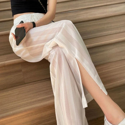 Wide Leg Elastic Waist Trousers for Woman Straight Women's Pants Black Stripe White Clothing High Quality Classic Y2k Streetwear