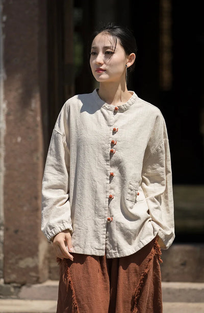 Cotton Linen Women's Literary Vintage Ramie Tops Shirt Women's Patchwork Colour Plate Button Lapel Cardigan Jacket Chinese Style