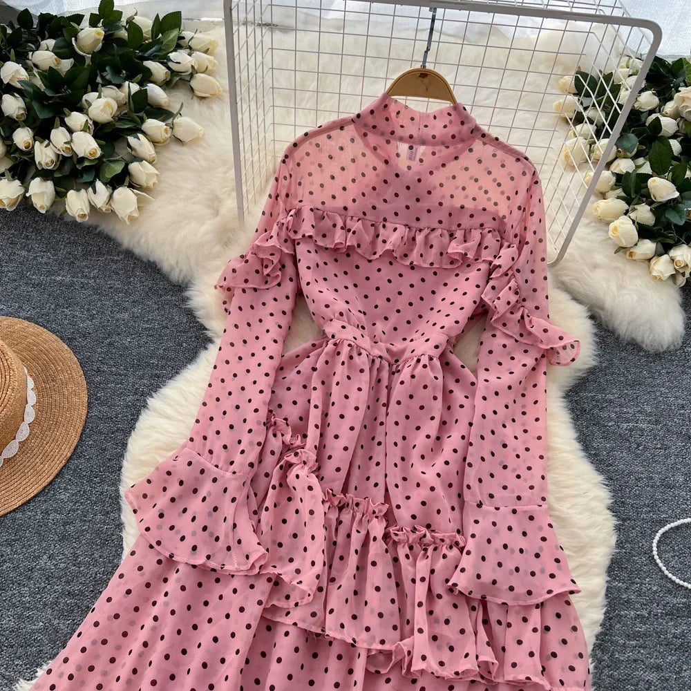 Dot Dress Women Long Dresses Print Chiffon Lace Up Flare Sleeve A Line Vestidos Streetwear Elegant Splice Y2k High Waist Party
