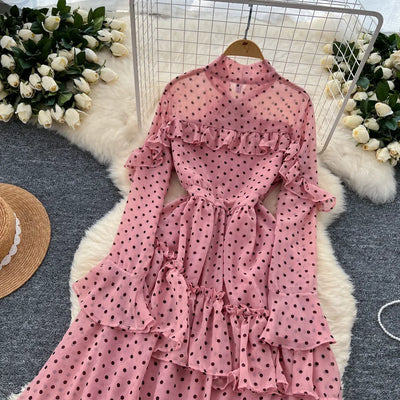 Dot Dress Women Long Dresses Print Chiffon Lace Up Flare Sleeve A Line Vestidos Streetwear Elegant Splice Y2k High Waist Party