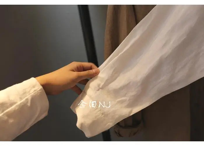 Cotton Linen Women Medium-Length White Polo Shirt Women Large Size Women Clothing Spring Autumn Design Niche Long-Sleeved Shirt