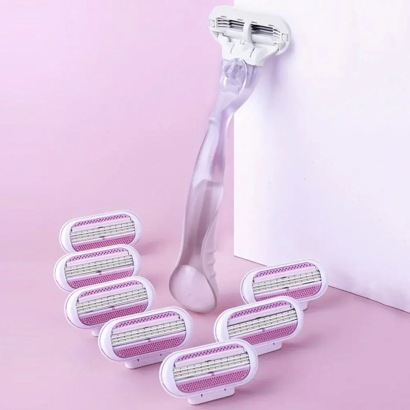 Women's Safety Razor - 1 Handle + 8 Replaceable 3-Layer Stainless Steel Blades, Pink Shaver Head for Smooth Hair Removal