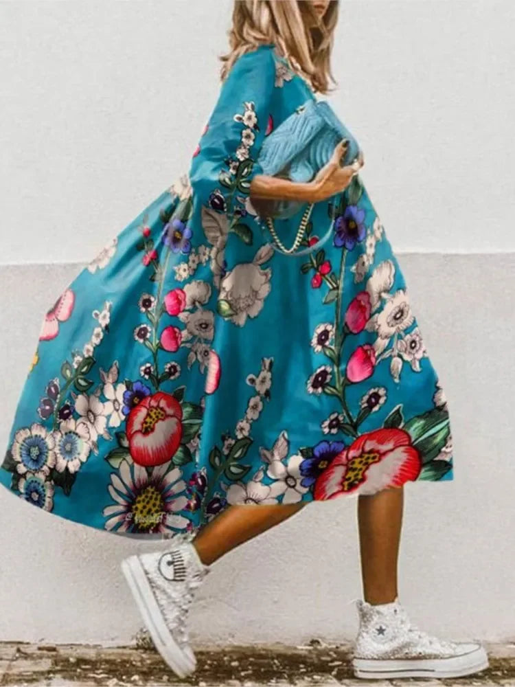 Women's Summer New Mid Sleeve Round Neck Fashionable Printed Bohemian Seven Sleeve Casual Loose Dress For Women