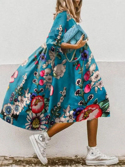 Women's Summer New Mid Sleeve Round Neck Fashionable Printed Bohemian Seven Sleeve Casual Loose Dress For Women