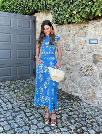 Cotton Linen Print Top Skirt Two Piece Set Women Shoulder Padded Sleeveless Crop Top Lace Up Skirt Suit Lady Summer Beach Outfit