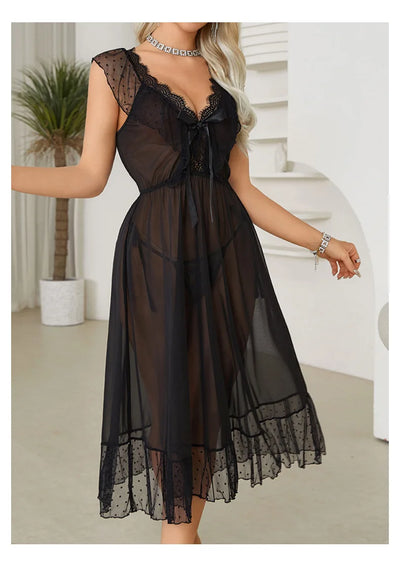 Women's Sexy Lingerie Nightgown Semi Sheer Babydoll Sleepwear Dress With Polka Dots Bow Knot Decor Summer Mesh V-Neck Loungewear