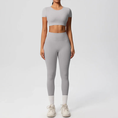 Yoga Set 2 Pieces Women Tracksuits Workout Sportswear Gym Clothing Fitness Short Sleeve With Padded High Waist Leggings Suits