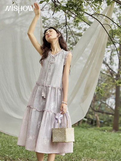 MISHOW Summer Embroidered Dress for Women 2025 New Round Neck Ruffled Sleeveless A-line Midi Dresses Female Fashion MXE33L2231