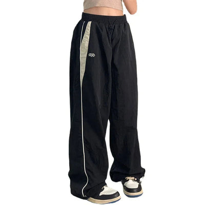 Women Spring Retro Solid Loose Drawstring Trousers Casual Joggers Baggy Wide Leg Sweatpants Mid Waist Sporty Y2k Female Clothes