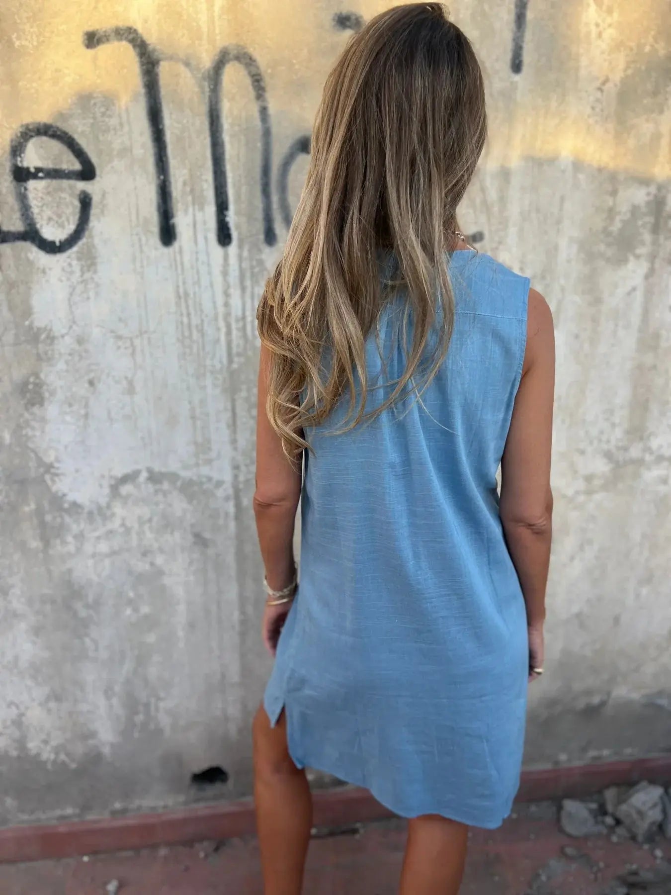 2025 Fashion Casual Cotton Linen Dresses For Women Summer Sleeveless Button Pocket Deep V Neck Party Mini Female Dresses Blue