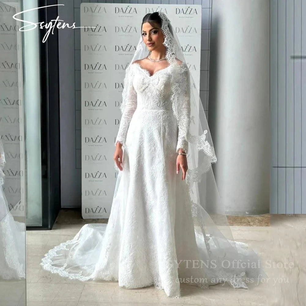 V Neck Wedding Dresses Lace Long Sleeves Queen Bride Gown