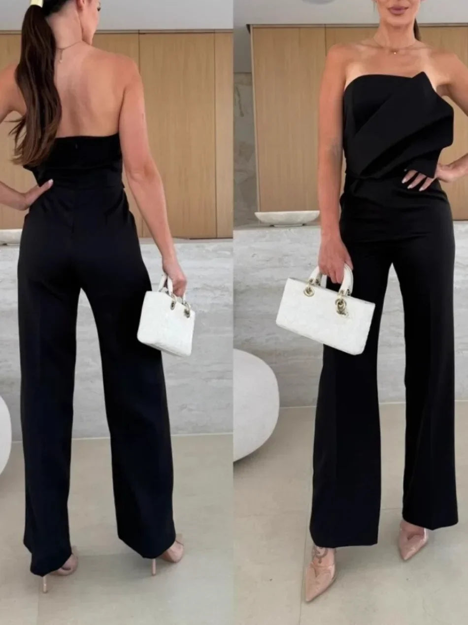 Women's Jumpsuits 2025 New in Summer Fashion Casual Office Lady Solid Color Tight Low Back High-waisted Wide-leg Jumpsuit