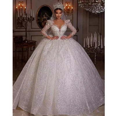 Luxury Women's Wedding Dresses Elegant V-Neck Long-Sleeve Lace Appliques A-Line Puffy Skirt Tulle Bridal Gowns Formal Customized