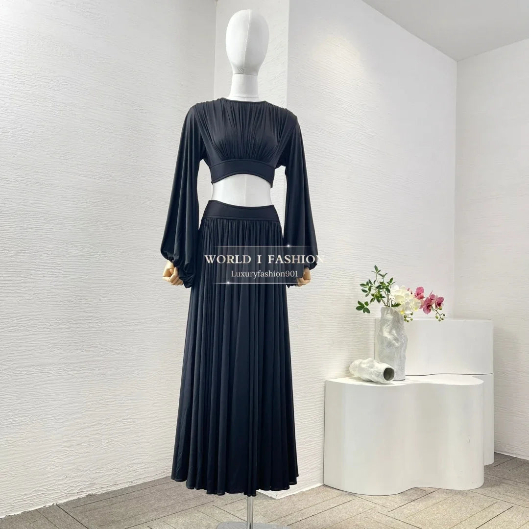 Woman Clothing Black Long Sleeve Blouse Tops and Midi Skirt Set