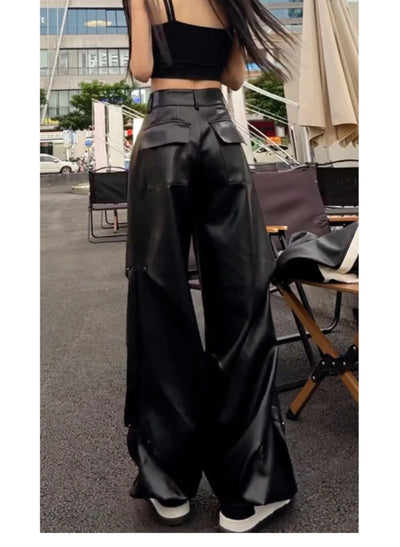 Fashionable Wide Leg Pants for Spring and Autumn Women's New High Waisted Straight Leg Loose Floor Length Casual Leather Pants