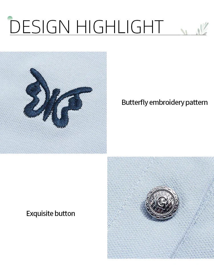 I BELIEVE YOU Blue Polo Collar T-shirt Top for Women Summer 2025 Butterfly Embroidered Breathable Short Sleeve Tees 2252015969