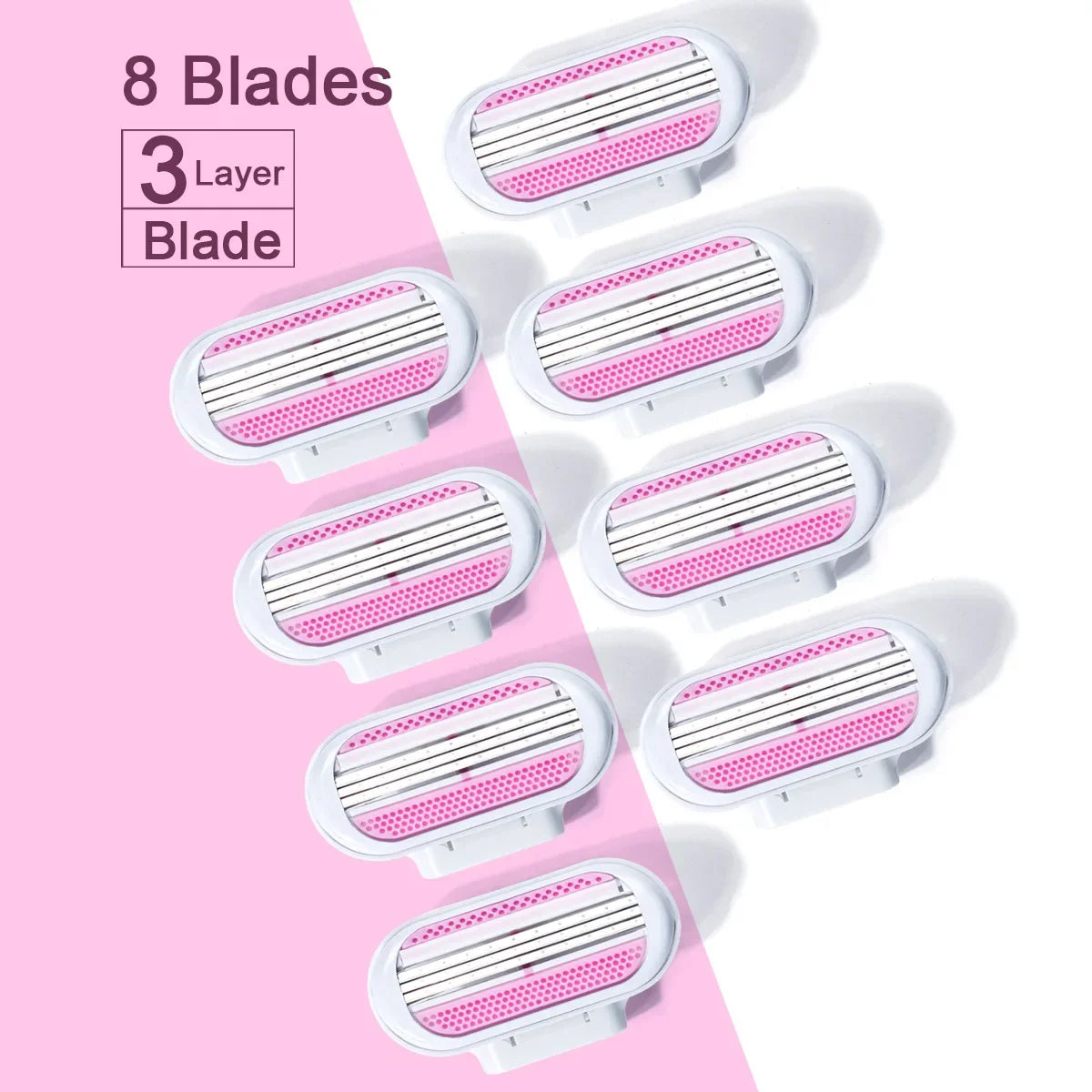 Women's Safety Razor - 1 Handle + 8 Replaceable 3-Layer Stainless Steel Blades, Pink Shaver Head for Smooth Hair Removal