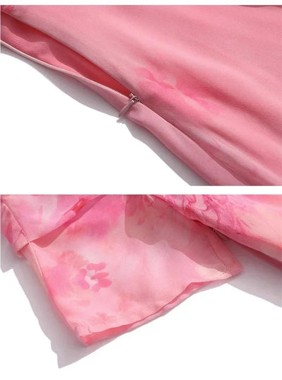 Women's Summer Dress 2025 New Fashion Printed Pink Chiffon Dress O-neck Short Sleeved Long Party Dresses Elegant Women Vestidos