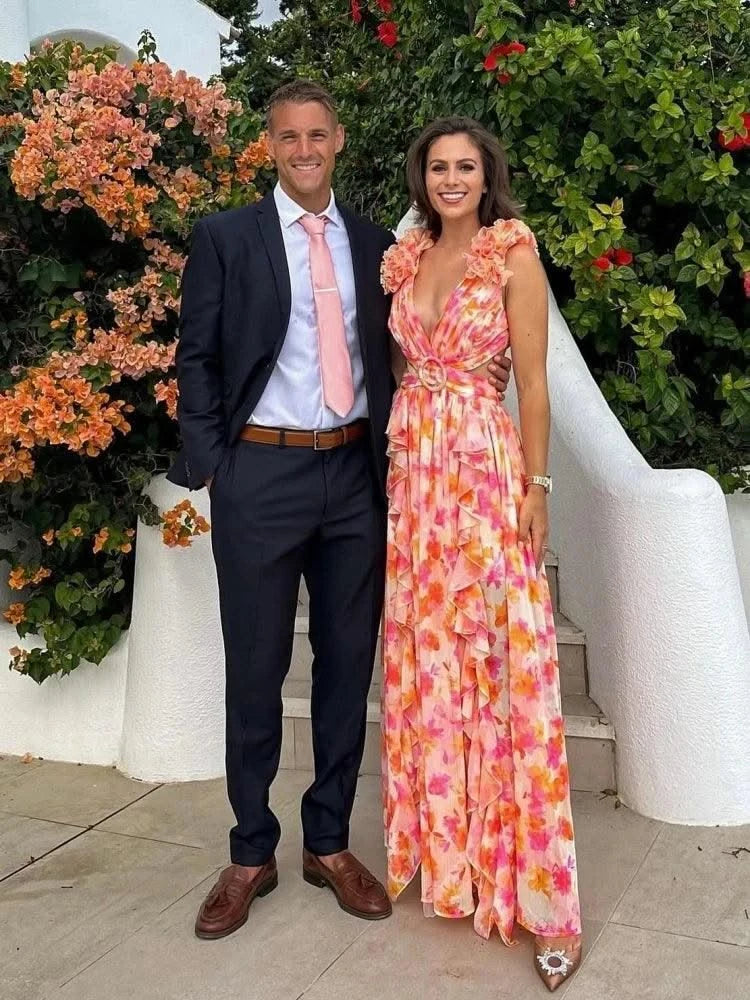 Summer Sleeveless Floral Dress for Women Deep V Neck Flower Print Backless Ruffles Long Dresses Beach Holiday Party Sundress