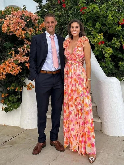 Summer Sleeveless Floral Dress for Women Deep V Neck Flower Print Backless Ruffles Long Dresses Beach Holiday Party Sundress
