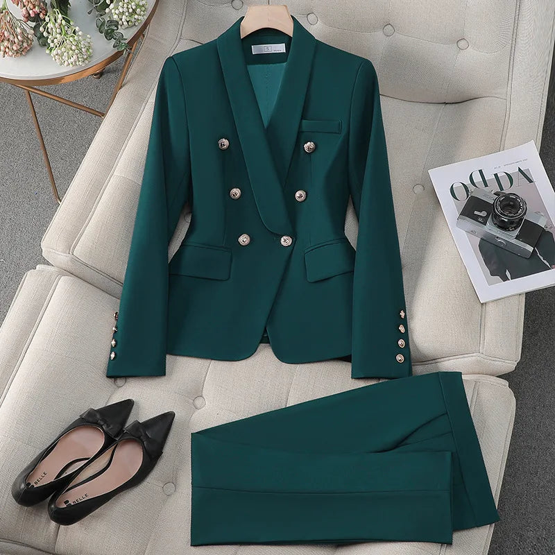 High Quality Suit Office Casual Two Piece Set Spring Autumn Women Double Breasted Blazers+Straight Zipper Trousers Women Outfit