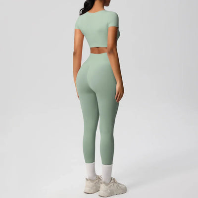 Yoga Set 2 Pieces Women Tracksuits Workout Sportswear Gym Clothing Fitness Short Sleeve With Padded High Waist Leggings Suits