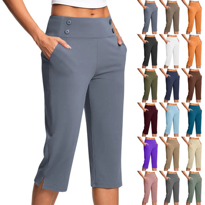 Women Elastic High Waist 3/4 Pant Casual Active Fit Wide Capris Leg Pants Trousers With Pockets Pants Woman брюки женские