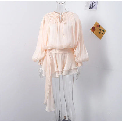 Ruffles Mini Dress Women Lace Up  V Neck Long Sleeve Pleated Female Dresses 2025 Elegant Summer Autumn Street Loose Ladies Robes