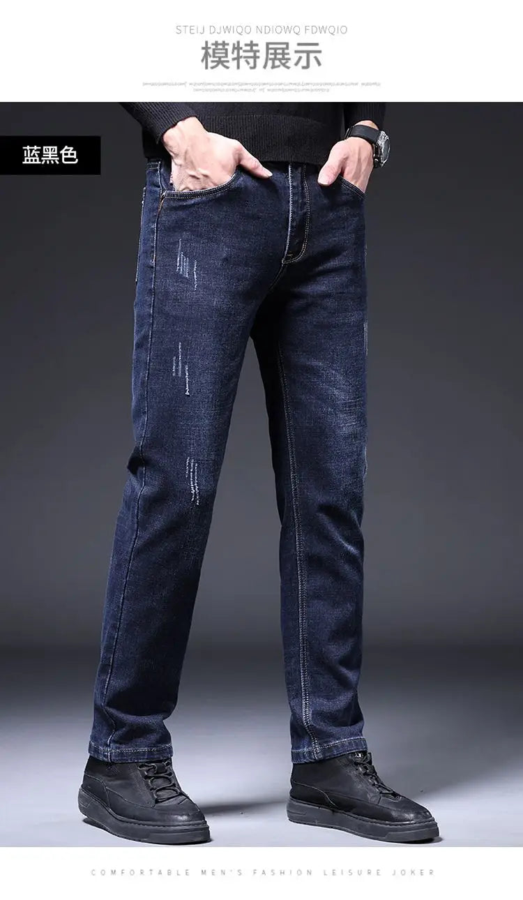 2025 New in Men's Stretch Jeans Straight Fit Denim Pants Male Formal Classic Blue Business Casual Regular Autumn Cowboy Trouser