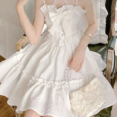 2025 Vestidos De Mujer Cute Summer Dresses for Women Lolita Style Japanese Sweet Robe Femme Bandage Bow Ruffles White Dress