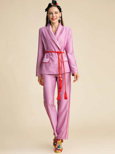 LD LINDA DELLA Fashion Designer Autumn Purple Pants Suit Women's Slim Long sleeve Belted Blazer and Pants Two Pieces Sets