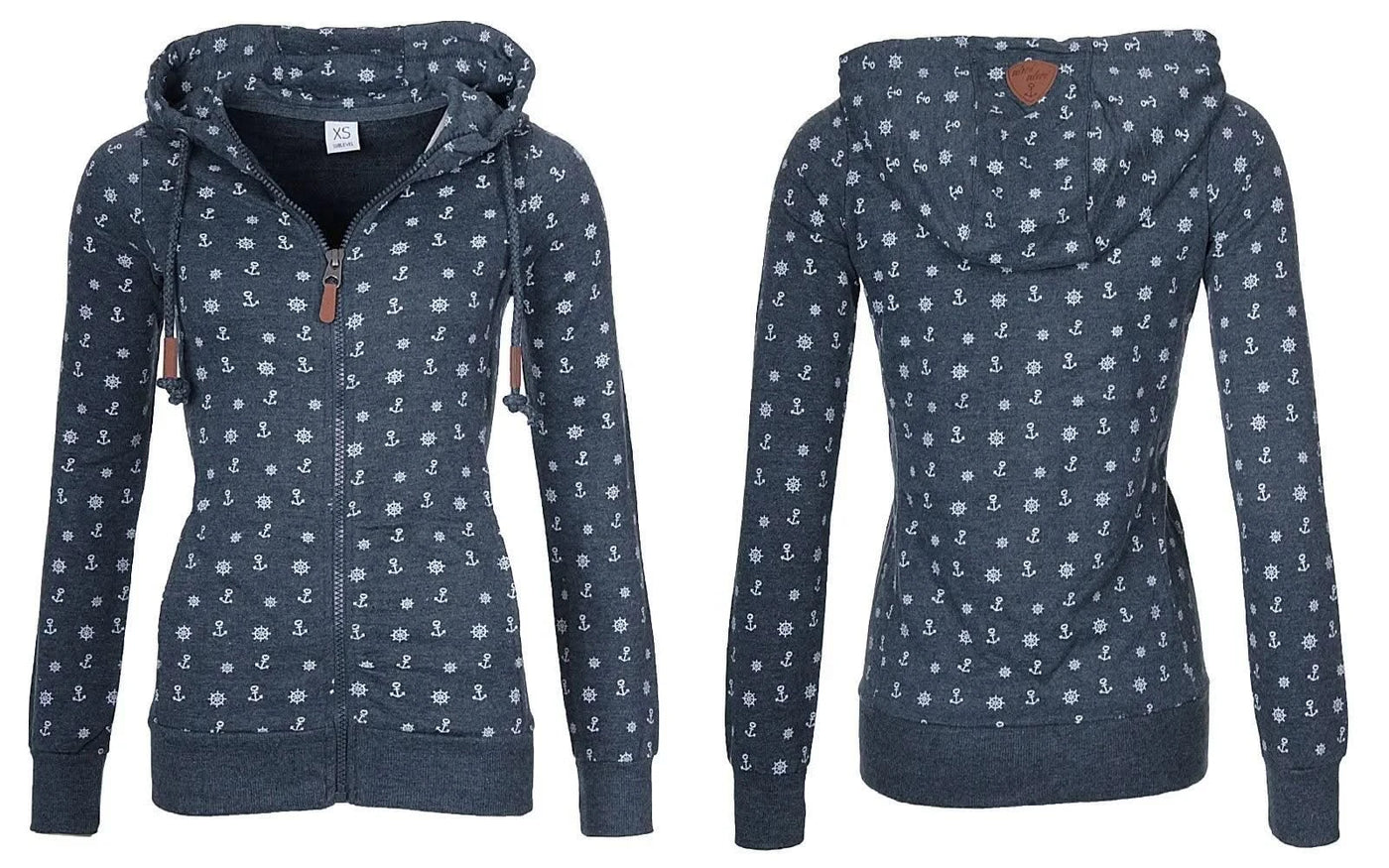 NEW Women Hooded Fleeces Oversize Sea Anchor Print Zipper coat Jumper Casual Sweatshirt Tops Autumn long sleeve hooded sw