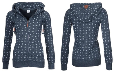 NEW Women Hooded Fleeces Oversize Sea Anchor Print Zipper coat Jumper Casual Sweatshirt Tops Autumn long sleeve hooded sw